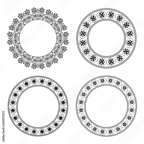 Set of circle outline round flower pattern frames for colouring book page, doodle ornament in black and white, hand draw vector illustration.