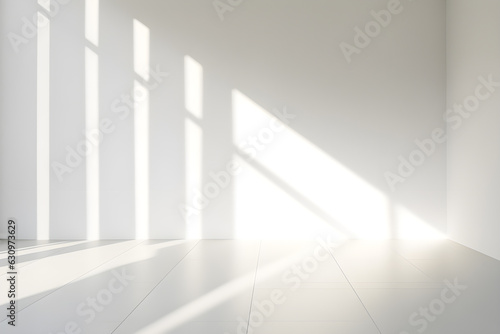 empty room wall white background for product presentation with shadow and light from windows, in the style of minimalist background, modern interior concept, AI generate