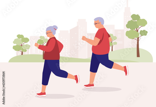 Side View Of Senior Couple Jogging In The Park. Full Length. Flat Design Style, Character, Cartoon.