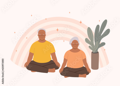 Smiling Senior Black Couple Sitting In Cross-Legged And Eyes Closed Doing Meditation Together. Full Length. Flat Design Style, Character, Cartoon.
