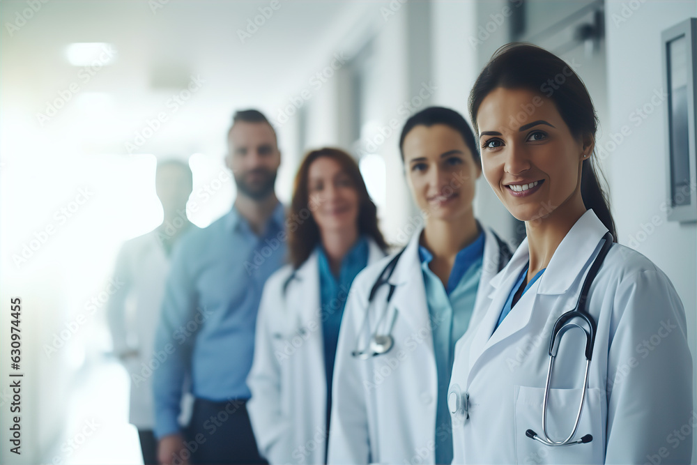Group of modern doctors standing as a team with arms crossed in hospital corridor Group of modern doctors standing as a team with arms crossed in hospital corridor