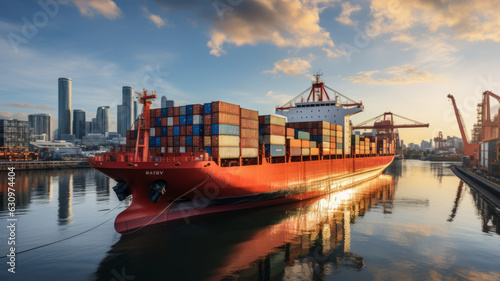 Rear view cargo container ship. Business logistic transportation sea freight, Cargo ship, Cargo container