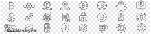 Bitcoin cryptocurrency web blockchain NFT wallet exchange transaction editable stroke icons set vector illustration