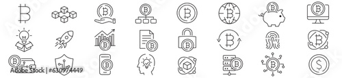 Bitcoin cryptocurrency web blockchain NFT wallet exchange transaction editable stroke icons set vector illustration