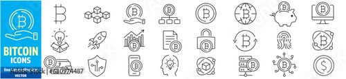 Bitcoin cryptocurrency web blockchain NFT wallet exchange transaction editable stroke icons set vector illustration