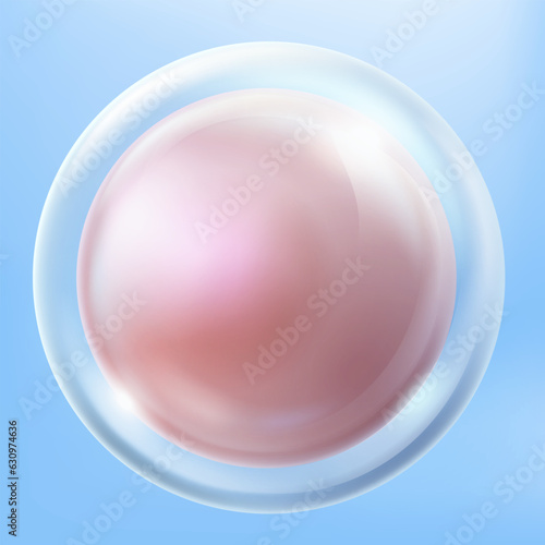 Round glass button inside pearl pink molecule. isolated on a blue background. 3d vector illustration.