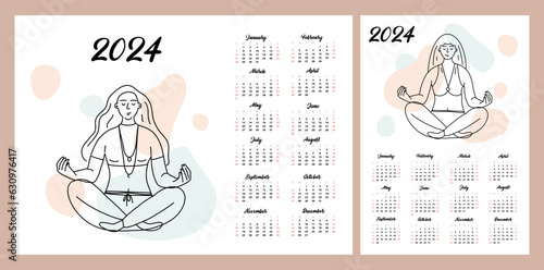Calendar layout for 2024. Girls meditate. Illustration of people in the style of line art. Glider for printing