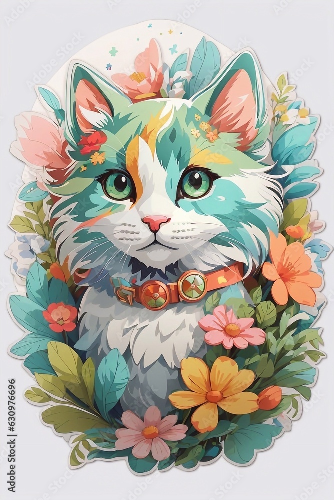 STICKER, A detailed  Cat Multicolor head fantasy vintage t-shirt design Illustration ai generator
