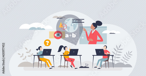 EdTech digital learning as kids technology education tiny person concept. School teacher for online skills and ability to understand web browser or internet cyberspace innovations vector illustration