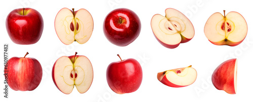 set of red apples isolated view side top. cut and sliced halved on transparent background cutout, PNG file. © CassiOpeiaZz