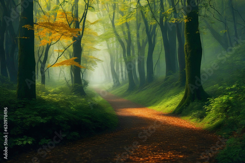A path passing through a misty forest covered with green leaves.