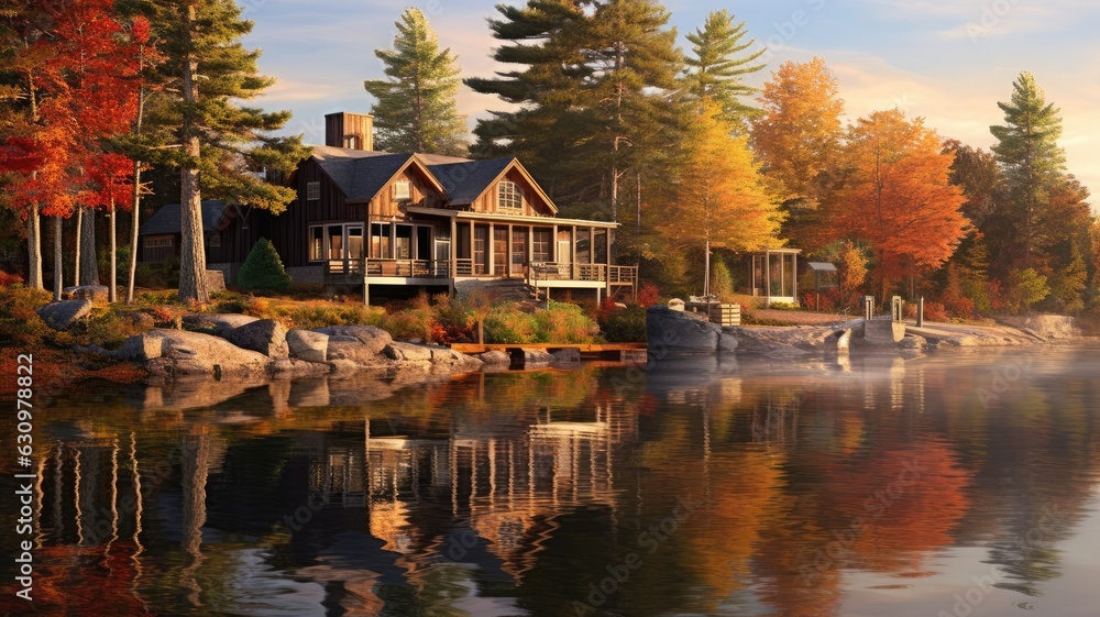 lake house in autumn in the woods surrounded by trees, in the style of photorealistic. plein air landscapes lake house in autumn in the woods surrounded by trees, in the style of photorealistic. plein air landscapes