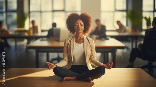 African ethnicity business woman doing yoga in the office sitting on her desk with folded legs and closed eyes, warm lighting