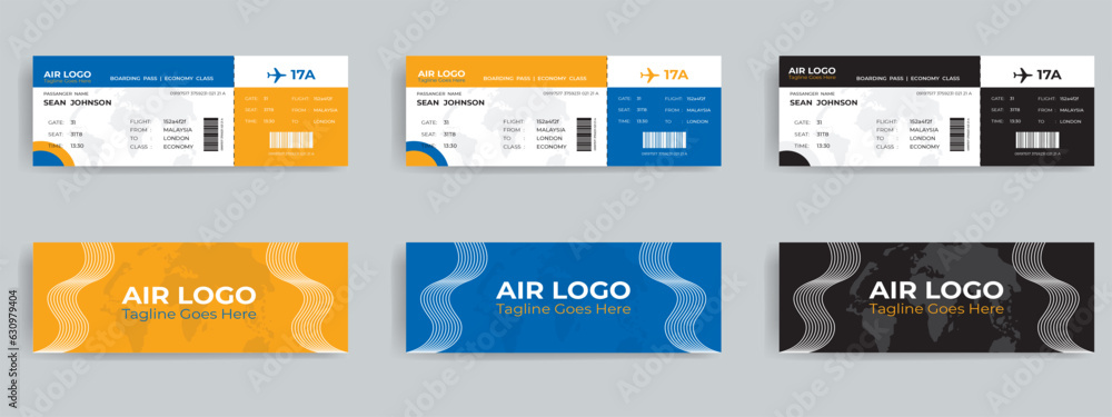 Airways tickets and boarding passes mockups. Vector avia company traveling by plane documents with time of departure and arrival, seat number and date. Avia boarding pass with QR2 or barcode symbol Airways tickets and boarding passes mockups. Vector avia company traveling by plane documents with time of departure and arrival, seat number and date. Avia boarding pass with QR2 or barcode symbol