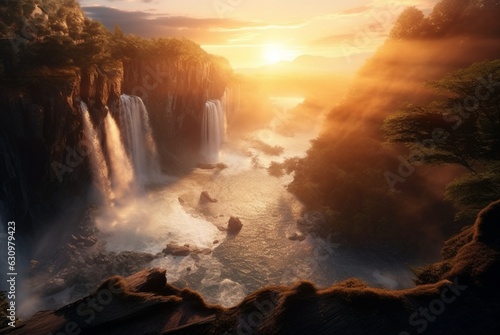 View of the beauty of the waterfall and sunrise in the morning from above. generative ai