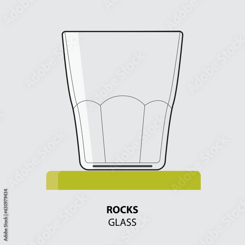 Rocks Glass line art vector illustration with podium and text isolated on gray background.