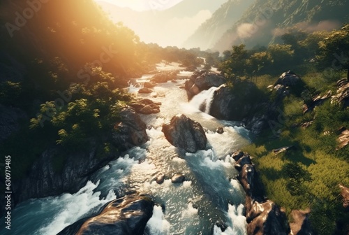 View of the beauty of the waterfall and sunrise in the morning from above. generative ai