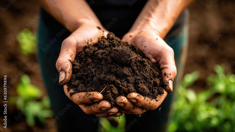 Close-up of hands holding nutrient-rich compost soil, highlighting the benefits of composting for gardening Close-up of hands holding nutrient-rich compost soil, highlighting the benefits of composting for gardening