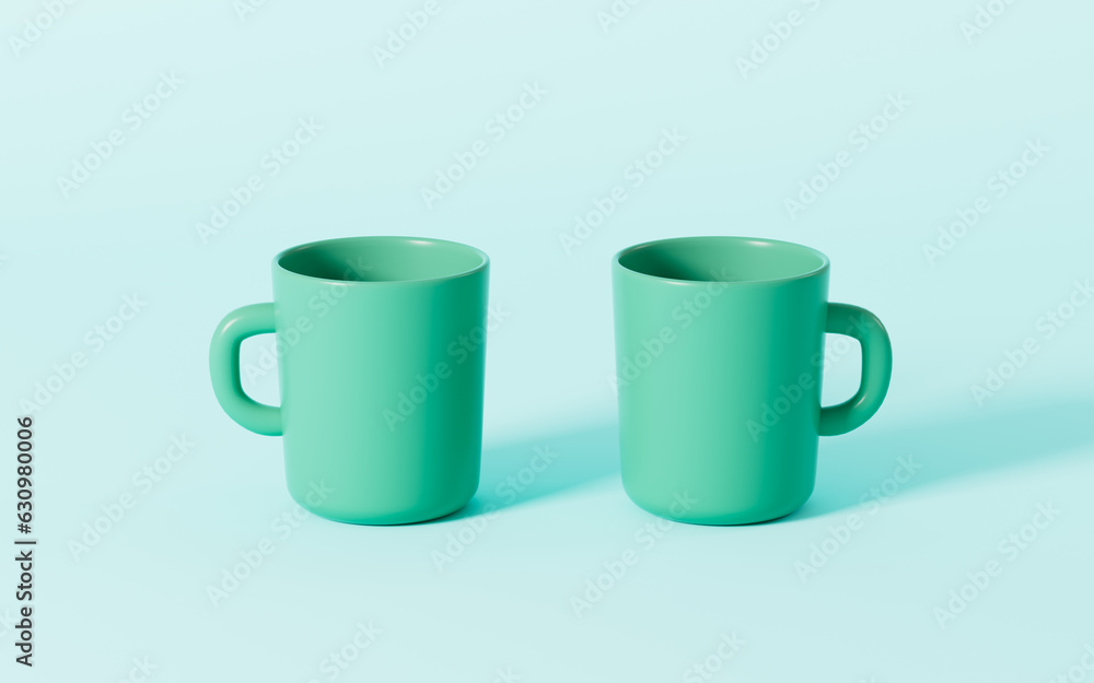 Mugs in the green background, 3d rendering. Mugs in the green background, 3d rendering.
