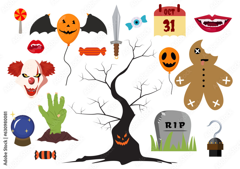 Fototapeta premium Set Halloween Elements Vector Illustration with Various Kinds of Things like Ghosts, Pumpkins, Skulls, Candies and More Cartoon Background Templates