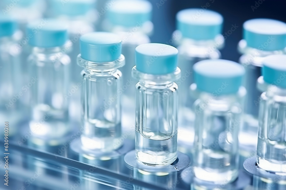 Glass vials for liquid samples. Laboratory equipment for dispensing fluid samples. Shallow depth of field. Glass vials for liquid samples. Laboratory equipment for dispensing fluid samples. Shallow depth of field.