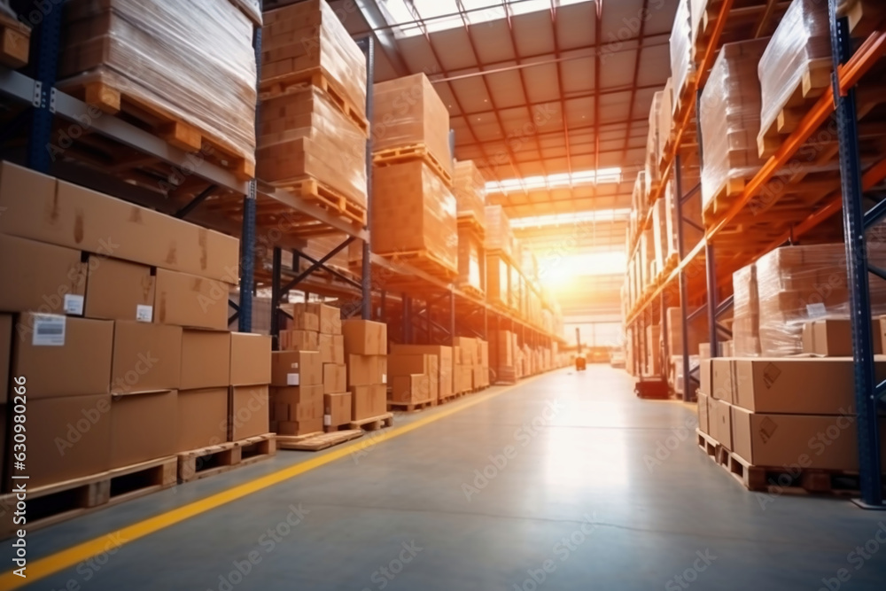 Interior of a modern warehouse. Large space for storing and moving goods. Logistics. Blurred background. The sun's rays fall through the windows into the warehouse. Interior of a modern warehouse. Large space for storing and moving goods. Logistics. Blurred background. The sun's rays fall through the windows into the warehouse.