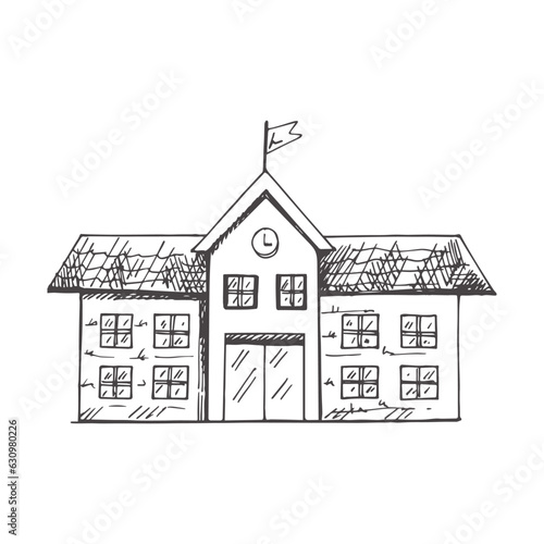 Vector hand-drawn school Illustration. Detailed retro style school building sketch. Vintage sketch element. Back to School.