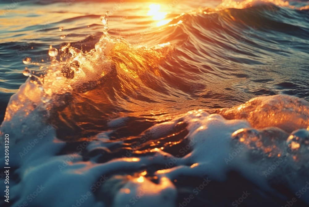 background closeup of beautiful beach waves water with sunset. generative ai - obrazy, fototapety, plakaty 