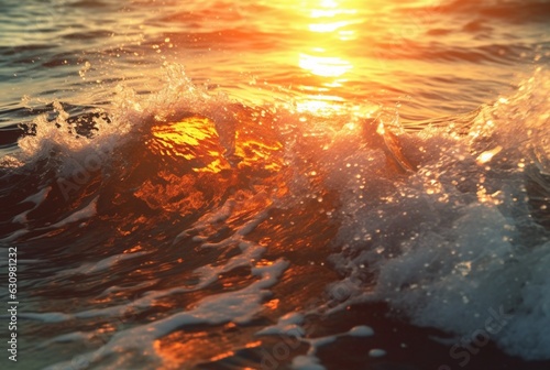 background closeup of beautiful beach waves water with sunset. generative ai © LivroomStudio