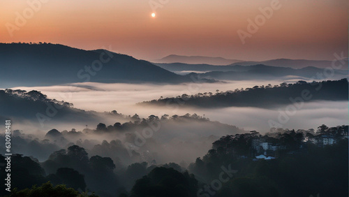Photography Landscape during sunrise with mist and heavy fog in winter, scenic mountains tal