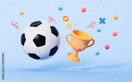Cartoon football and trophy in the yellow background  3d rendering.