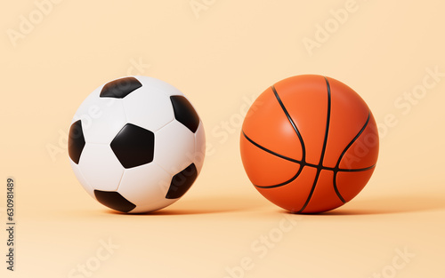 Cartoon football and basketball in the yellow background  3d rendering.