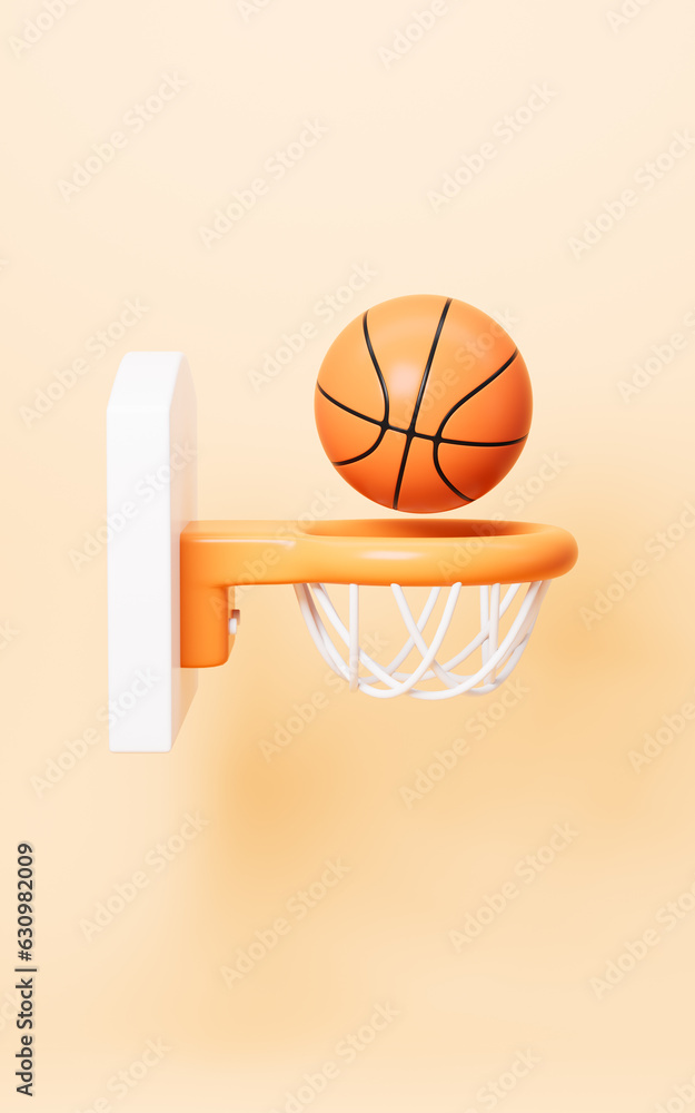 Naklejka premium Cartoon basketball and basketball hoop, 3d rendering.
