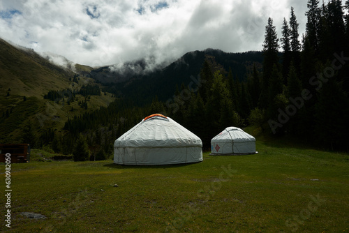 Asian yurts against the backdrop of mountains