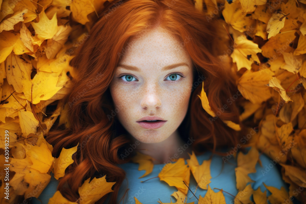Сlose-up portrait of a red-haired girl on autumn leaves, generative ai Сlose-up portrait of a red-haired girl on autumn leaves, generative ai