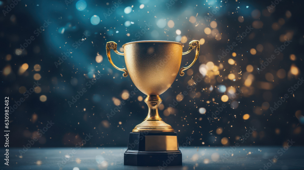 Achievement success in education awards concept. Golden trophy cup winner on bokeh background. Congratulation in university - obrazy, fototapety, plakaty 