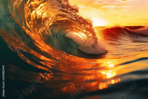 background closeup of beautiful beach waves water with sunset. generative ai