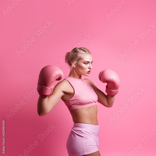 Woman with blonde hair wearing pink boxing gloves swing her arm in support of breast cancer awareness. Created with Generative AI technology