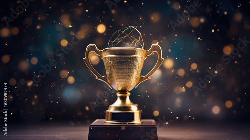 Achievement success in education awards concept. Golden trophy cup winner on bokeh background. Congratulation in university © tashechka