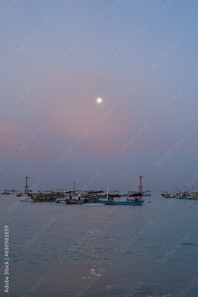Fishing boats jukung at dawn, Jimbaran, Bali.