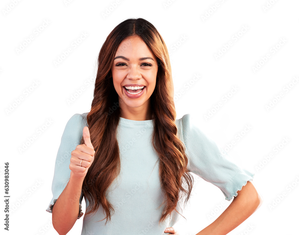 Φωτογραφία Thumbs up, portrait and success of woman isolated on a transparent png background for winning news