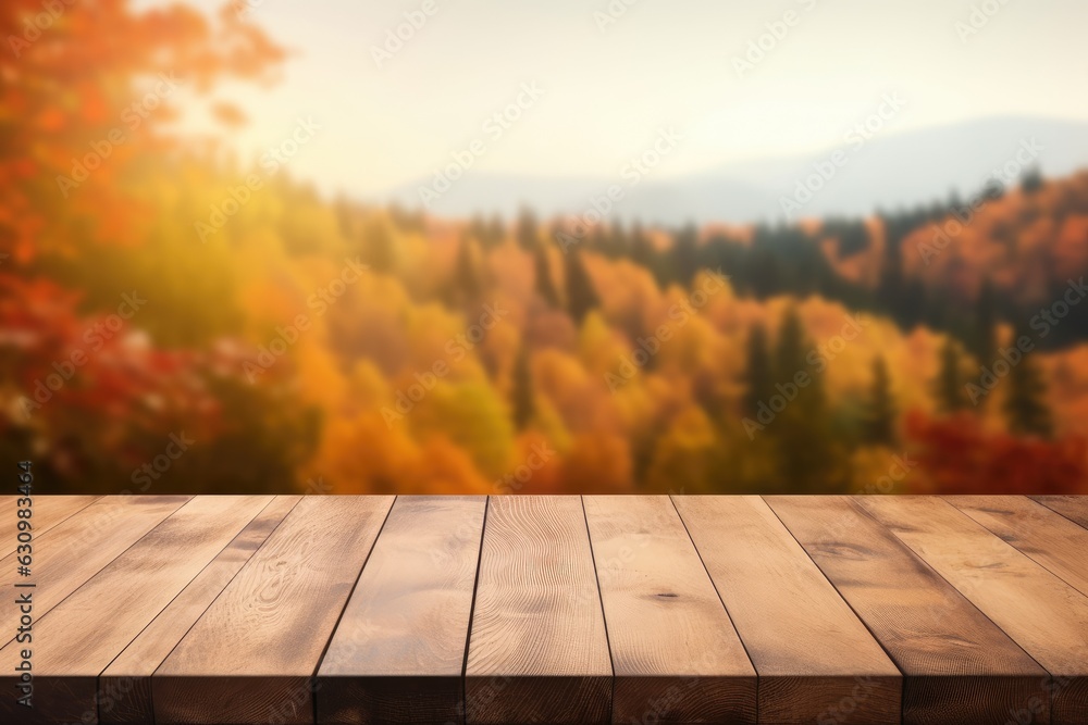 Old wooden table for product display with natural autumn landscape background.