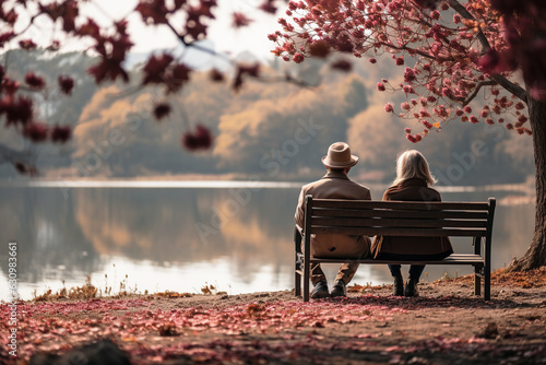 Fotografia Serene Autumn Scene: Back View of Senior Couple Enjoying Life After Retirement o
