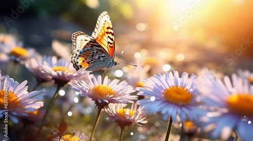 Beautiful butterfly among wild flowers, blurred background. © ArturSniezhyn