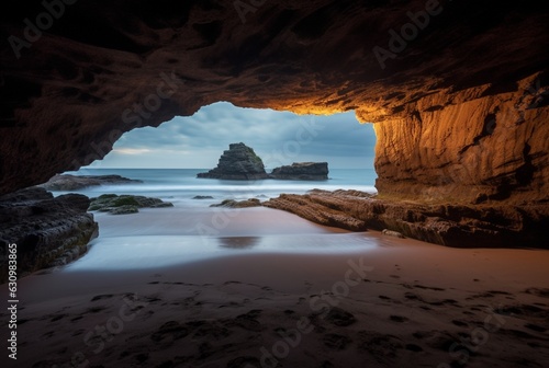 landscape view of the beauty of the beach from inside the cave. generative ai © LivroomStudio