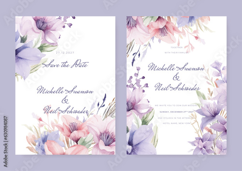 Watercolor wedding invitation template with romantic White pink and purple floral and leaves decoration