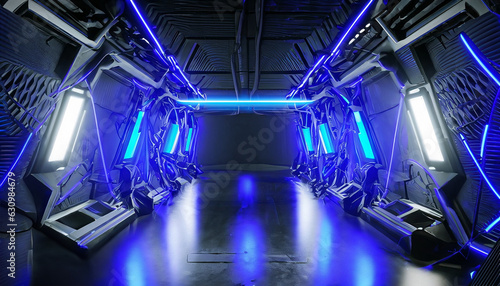 Sci Fi Futuristic Alien Spaceship Podium Tunnel Corridor Room Stage Glowing Laser blue Lights Wall Floor Cables And Devices Empty Space Showcase Garage 3D Rendering