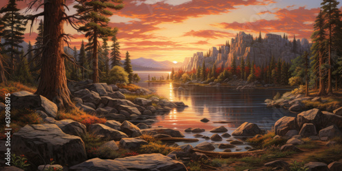 Golden hour light casting a warm glow over a serene mountain lake. Relaxing Tranquility.