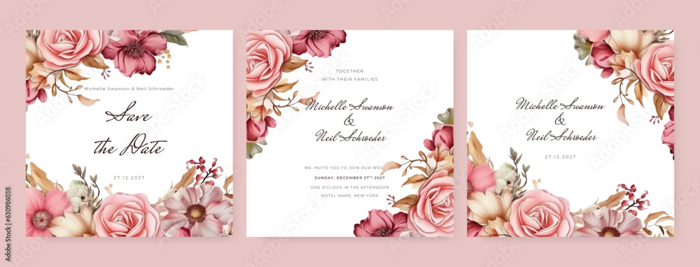 Beautiful watercolor wedding invitation template. Pink leave and flower background. Greeting card. Beautiful watercolor wedding invitation template. Pink leave and flower background. Greeting card.