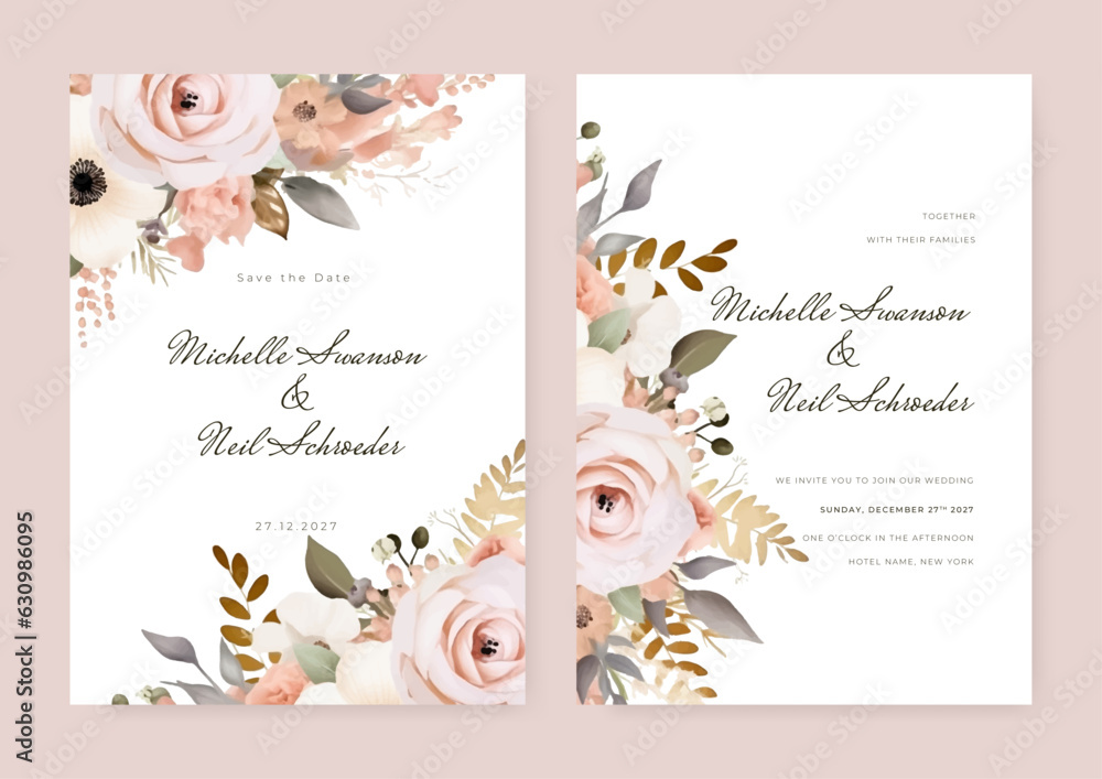 Watercolor wedding invitation template with romantic white and pink floral and leaves decoration